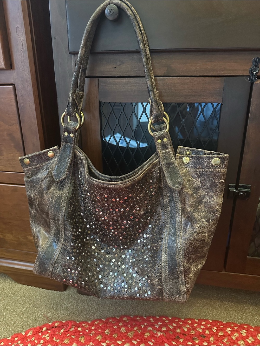 FRYE Brown Distressed Studded Shoulder Tote